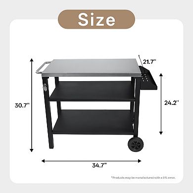 3-Tier Stainless Steel Grill Cart with Side Shelf & Wheels - Rolling Prep Table & Serving Cart