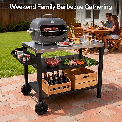 3-Tier Stainless Steel Grill Cart with Side Shelf & Wheels - Rolling Prep Table & Serving Cart