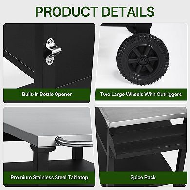 3-Tier Stainless Steel Grill Cart with Side Shelf & Wheels - Rolling Prep Table & Serving Cart