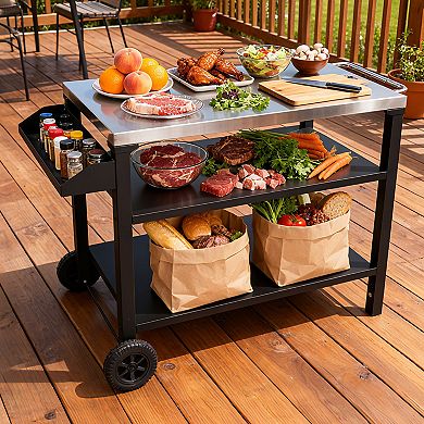 3-Tier Stainless Steel Grill Cart with Side Shelf & Wheels - Rolling Prep Table & Serving Cart