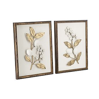 Set of 2 Vintage Gold & White Botanical Wall Art with Distressed Brown Frames, Decor for Home Store