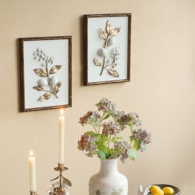 Set of 2 Vintage Gold & White Botanical Wall Art with Distressed Brown Frames, Decor for Home Store