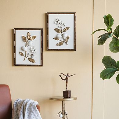 Set of 2 Vintage Gold & White Botanical Wall Art with Distressed Brown Frames, Decor for Home Store