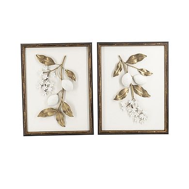 Set of 2 Vintage Gold & White Botanical Wall Art with Distressed Brown Frames, Decor for Home Store