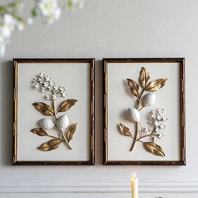 Set of 2 Vintage Gold & White Botanical Wall Art with Distressed Brown Frames, Decor for Home Store