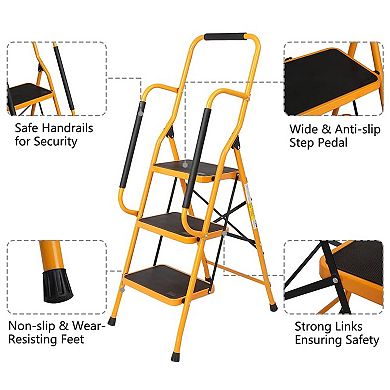 3 Step Ladder with Handrails, 330LBS Folding Step Stool, NonSlip Side Armrests Large Pedal Area