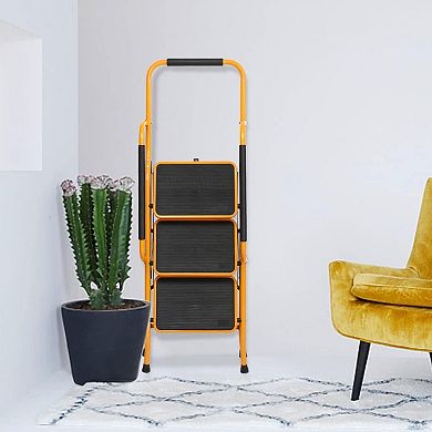 3 Step Ladder with Handrails, 330LBS Folding Step Stool, NonSlip Side Armrests Large Pedal Area