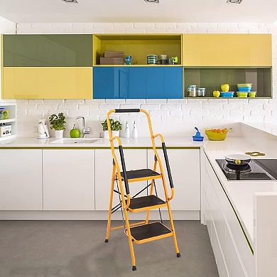 3 Step Ladder with Handrails, 330LBS Folding Step Stool, NonSlip Side Armrests Large Pedal Area