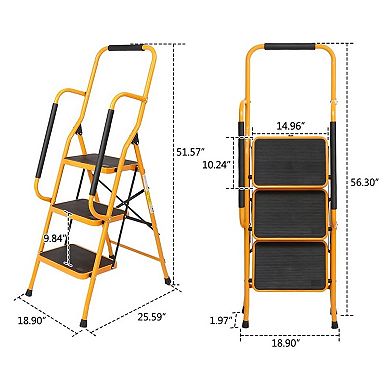 3 Step Ladder with Handrails, 330LBS Folding Step Stool, NonSlip Side Armrests Large Pedal Area