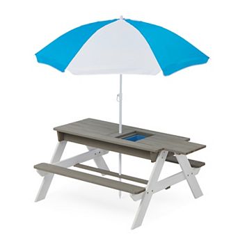 3-in-1 Kids Outdoor Wooden Picnic Table With Umbrella, Convertible Sand & Wate