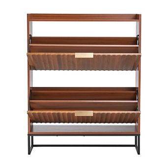 Walnut Mid-Century Shoe Cabinet with 2 Flip Drawers, Freestanding Shoe Organizer for Entryway Hallwa