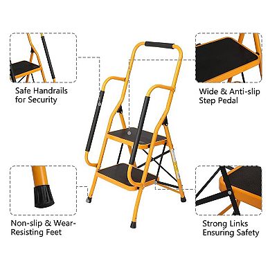 2 Step Ladder with Handrails, 330LBS Folding Step Stool, NonSlip Side Armrests Large Pedal Area