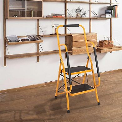 2 Step Ladder with Handrails, 330LBS Folding Step Stool, NonSlip Side Armrests Large Pedal Area