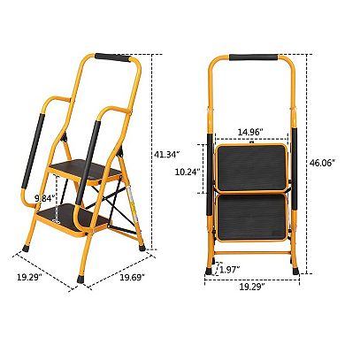 2 Step Ladder with Handrails, 330LBS Folding Step Stool, NonSlip Side Armrests Large Pedal Area
