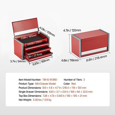 8.6'' Portable Red Metal Tool Box with 3 Drawers, Small Multi-Functional Tool Organizer