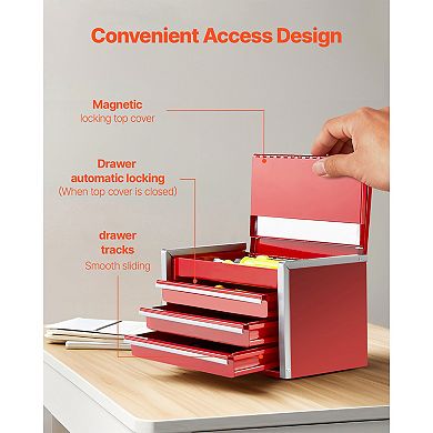 8.6'' Portable Red Metal Tool Box with 3 Drawers, Small Multi-Functional Tool Organizer