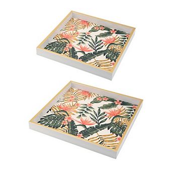 Set of 2 Decorative Trays, ElegantPink & Green Floral Printed, square Tray for Home Table Decor