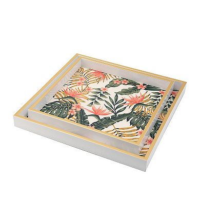 Set of 2 Decorative Trays, ElegantPink & Green Floral Printed, square Tray for Home Table Decor