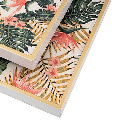 Set of 2 Decorative Trays, ElegantPink & Green Floral Printed, square Tray for Home Table Decor