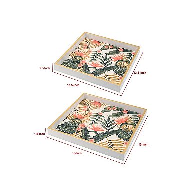 Set of 2 Decorative Trays, ElegantPink & Green Floral Printed, square Tray for Home Table Decor