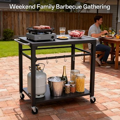 2-Tier Outdoor Grill Cart with Locking Wheels,Tool Hooks -Rolling BBQ Prep Table for Patio,Backyard