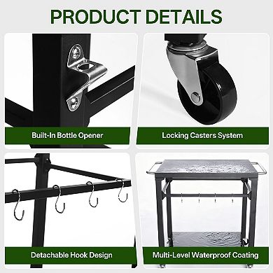 2-Tier Outdoor Grill Cart with Locking Wheels,Tool Hooks -Rolling BBQ Prep Table for Patio,Backyard