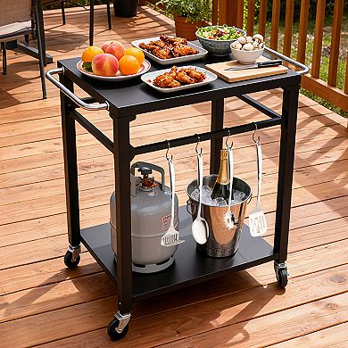 2-Tier Outdoor Grill Cart with Locking Wheels,Tool Hooks -Rolling BBQ Prep Table for Patio,Backyard