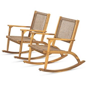 2 pc Patio Rocking Chair Set with Wicker Rattan Seat & Backrest for Backyard, Balcony, and Pools
