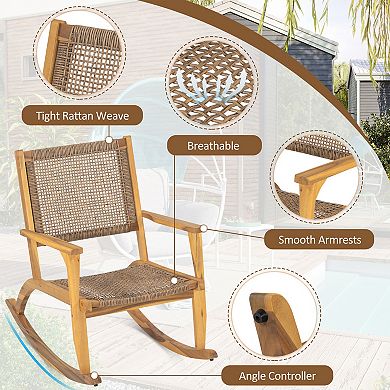 2 Pieces Patio Rocking Chair Set with Wicker Rattan Seat & Backrest for Backyard, Balcony, and Pools