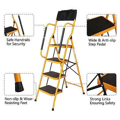 4 Step Ladder with Handrails & ToolBag, 330lbs Folding Step Stool,NonSlip Side Armrests Large Pedal