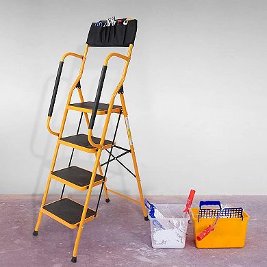 4 Step Ladder with Handrails & ToolBag, 330lbs Folding Step Stool,NonSlip Side Armrests Large Pedal