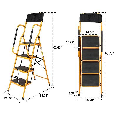 4 Step Ladder with Handrails & ToolBag, 330lbs Folding Step Stool,NonSlip Side Armrests Large Pedal