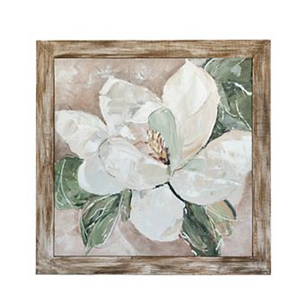 39.4x39.4" Hand-Painted White Magnolia Wall Art with Rustic Fir Wood Frame, Artwork for Living Room