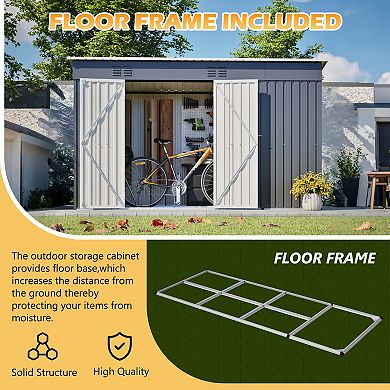 10'x4' Outdoor Metal Storage and Wood Shed, Garden Tools House With Floor Frame
