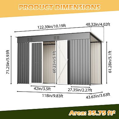 10'x4' Outdoor Metal Storage and Wood Shed, Garden Tools House With Floor Frame
