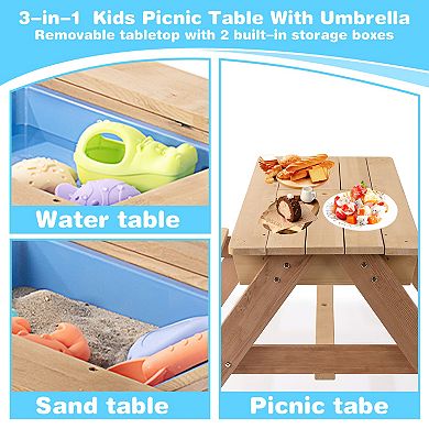 Convertible Solid Cedar Wood Kids Picnic And Activity Table With An Adjustable Umbrella