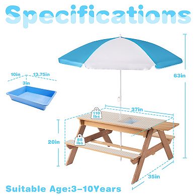 Convertible Solid Cedar Wood Kids Picnic And Activity Table With An Adjustable Umbrella