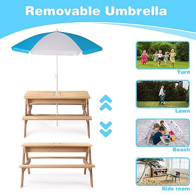 Convertible Solid Cedar Wood Kids Picnic And Activity Table With An Adjustable Umbrella
