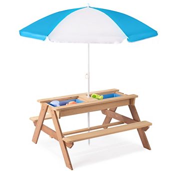 Convertible Solid Cedar Wood Kids Picnic And Activity Table With An Adjustable Umbrella