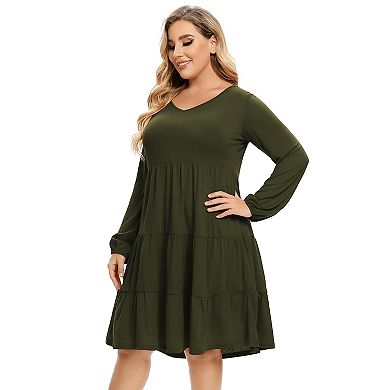 Women's Plus Size Long Sleeve V-Neck Midi Dress