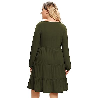 Women's Plus Size Long Sleeve V-Neck Midi Dress