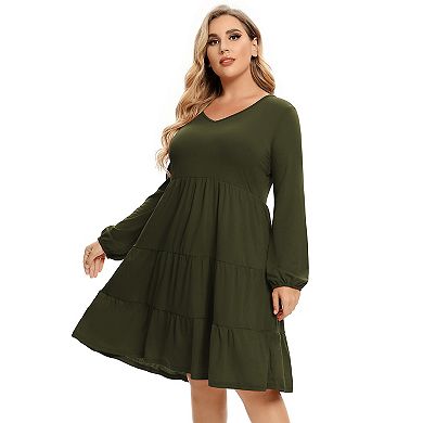 Women's Plus Size Long Sleeve V-Neck Midi Dress