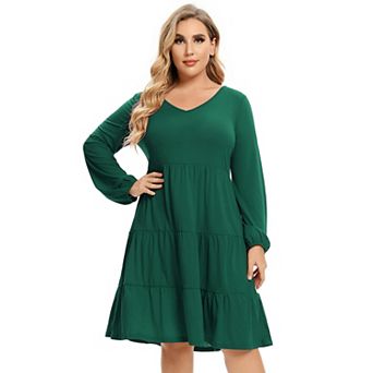 Women's Plus Size Long Sleeve V-Neck Midi Dress