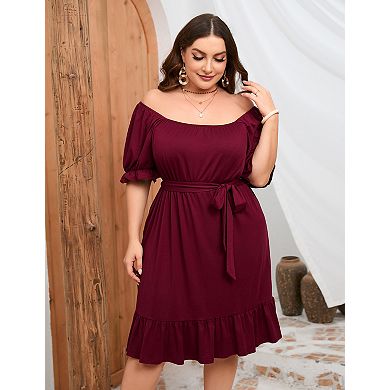 Women's Plus Size Short Sleeve Square Neck Ruffled Hem Midi Dress