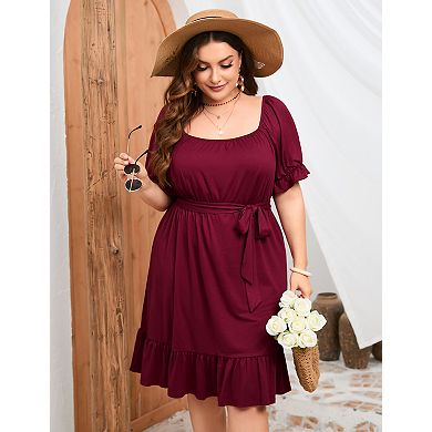 Women's Plus Size Short Sleeve Square Neck Ruffled Hem Midi Dress