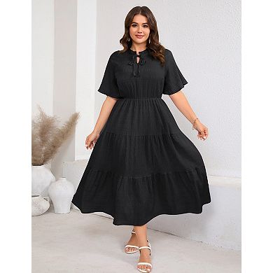 Women's Plus Size Short Sleeve Ruffled Neckline with Side Pockets Midi Dress