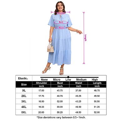 Women's Plus Size Short Sleeve Ruffled Neckline with Side Pockets Midi Dress