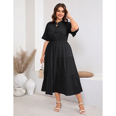 Women's Plus Size Short Sleeve Ruffled Neckline with Side Pockets Midi Dress