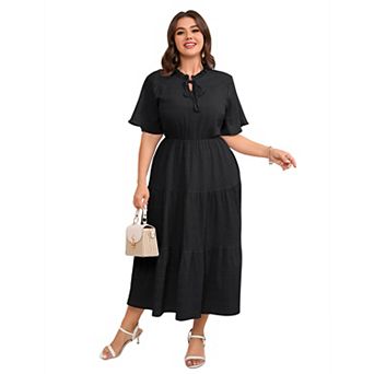 Women's Plus Size Short Sleeve Ruffled Neckline with Side Pockets Midi Dress