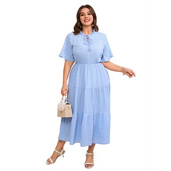 Women's Plus Size Short Sleeve Ruffled Neckline with Side Pockets Midi Dress